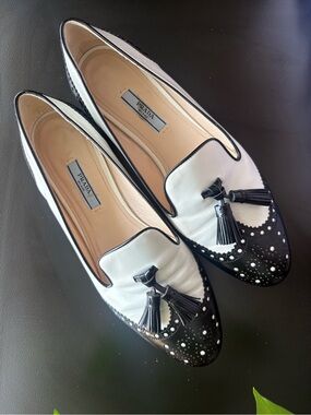 PRADA White and Black Tassel Brogue Loafers